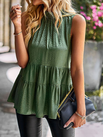 Woochic hauts unicolore peplum col rond sans manches femme mode Vert S